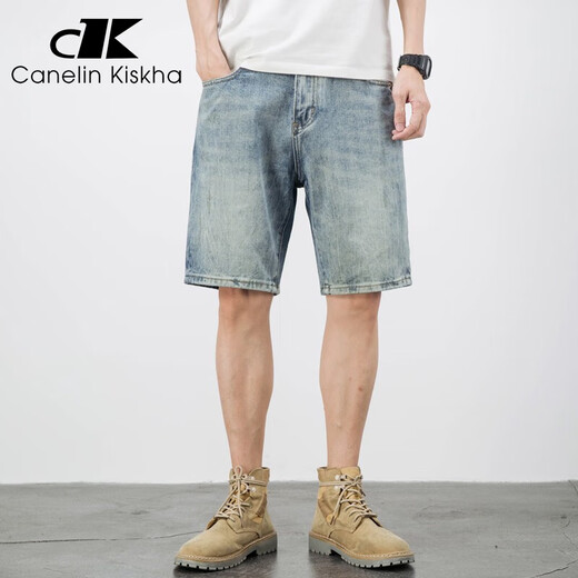 Canelin Kiskha American casual retro beggar ripped men's denim shorts men's loose trendy cropped pants summer thin mid-sized pants blue 719 size 29