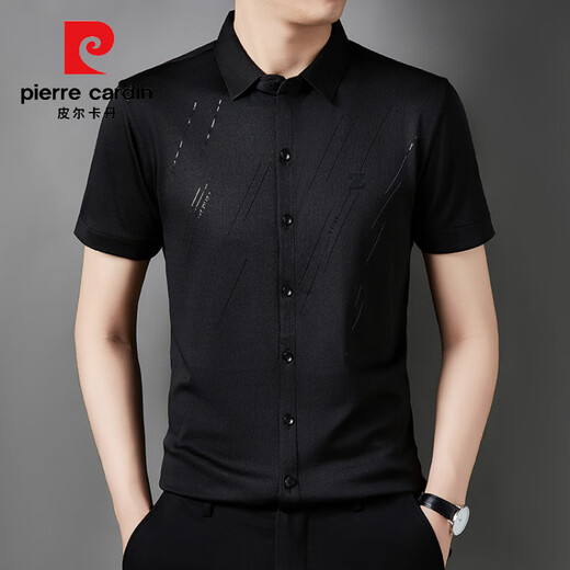 皮尔卡丹（pierre cardin）夏季无痕冰丝免烫短袖衬衫男士弹力新款休闲男士法式短袖衬衫 6622黑色 M 建议90-105斤
