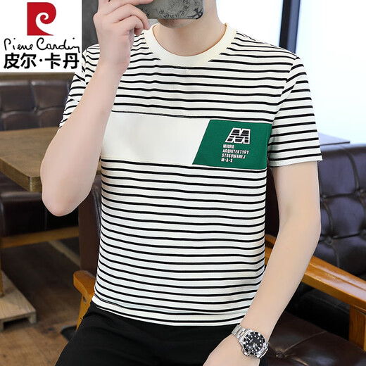 
Pierre cardin 2025 men's short-sleeved T-shirt summer trendy t-shirt spliced ​​striped handsome half-sleeved sweatshirt 2025 casual top 9898 black M
