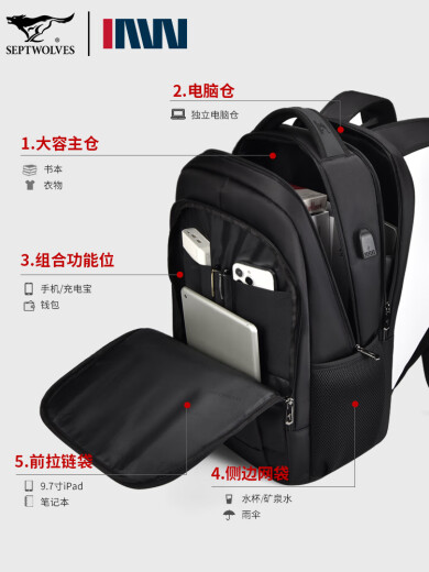 Sieben Wolf-Rucksack-Männer mit großer Kapazität Computertasche 2025 New Business Travel Rucksack Herren School Bag Travent Bag Standard Dreischichtiger Warehouse No USB-Schnittstelle 23L-15,6 Zoll