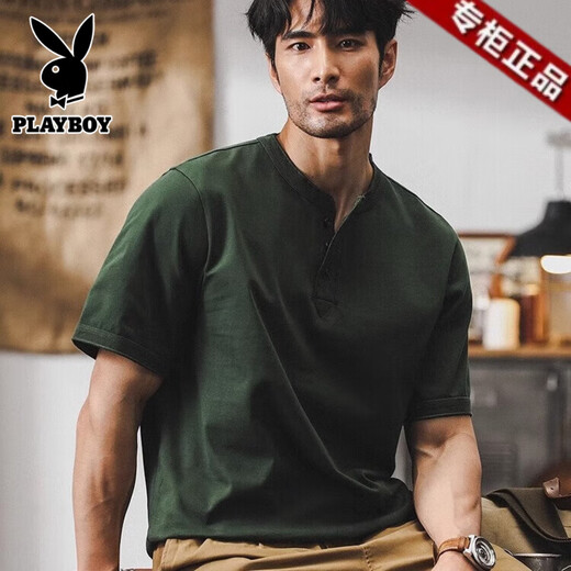 花花公子（PLAYBOY）美式320g重磅t恤男士短袖polo衫男2025新款宽松硬汉亨利衫体恤男 军绿色 3XL - 适合180-200斤