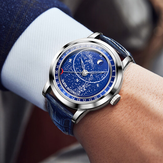 
OLEVS watch men's mechanical watch men's fully automatic waterproof brand luminous starry sky dial casual and versatile men's watch Li 9923G blue leather natural color starry sky blue face men 43.5mm dial diameter: