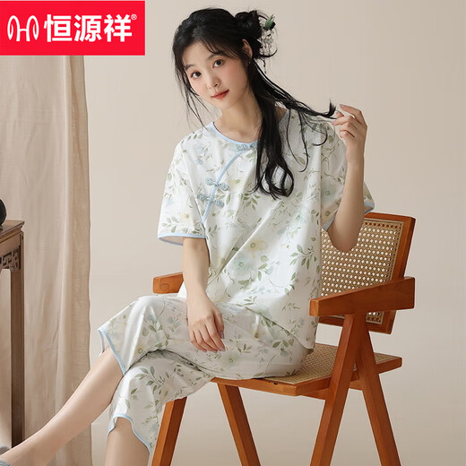Hengyuanxiang 2025 new summer short-sleeved cropped pants pajamas women's national style home clothes casual and can be worn outside suits National style short-sleeved 9901 YZT cropped pants M Recommended 80-100Jin [Jin equals 0.5 kg]