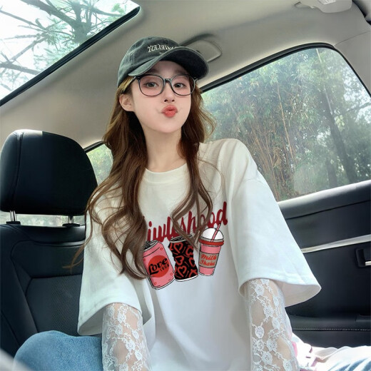酷章（KUZHANG）网红炸街涂鸦宽松假两件纯棉t恤女2025蕾丝拼接显瘦防晒上衣 af7029 白色 M 建议110斤内