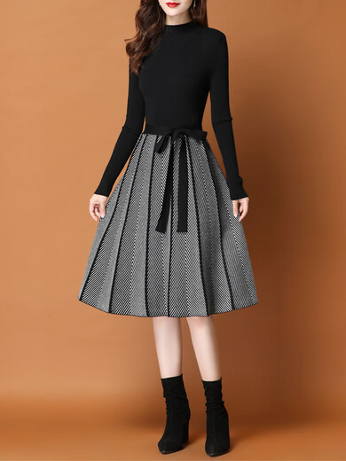 TJQ ​​Robe tricotée de marque haut de gamme de luxe pour femmes 2025 Nouveau style moyen à la mode avec une jupe de manteau noir S