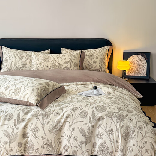 Light luxury 100-count thickened cotton brushed four-piece set pure cotton autumn and winter warm bed sheet quilt cover and fitted sheet three-piece set, rich in love, skin-friendly and soft, 1.8m bed sheet four-piece set