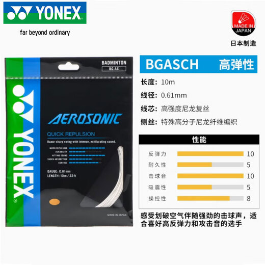 YONEX Yonex струна для бадминтона, высокоэластичная, типа yy, тонкая струна с перьями, с высоким отскоком, профессиональная тренировка для соревнований BG-AS, белая