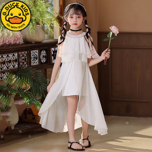 G.DUCKKIDS2025夏季新款女童雪纺裙子洋气时尚儿童气质公主裙女孩沙滩裙凉快 AD9903-白色【圆领挂脖雪纺裙】 120 【适合身高100-110的小朋友