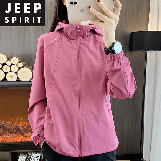 
JEEP SPIRIT soft shell jacket for women 2025 new spring and autumn thin breathable outdoor hiking waterproof mountaineering suit hooded jacket blush (698 mesh lining) L
