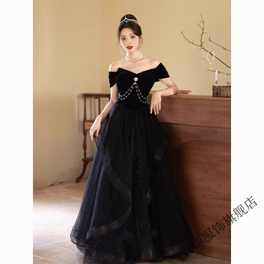 True black evening dress 2025 new light luxury niche high-end banquet annual meeting host feels elegant temperament Black XS