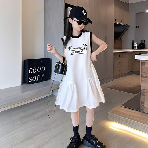 
Girls summer dress 2025 new casual and fashionable versatile sleeveless letter print design dress white bow vest dress 170 (recommended height below 160)