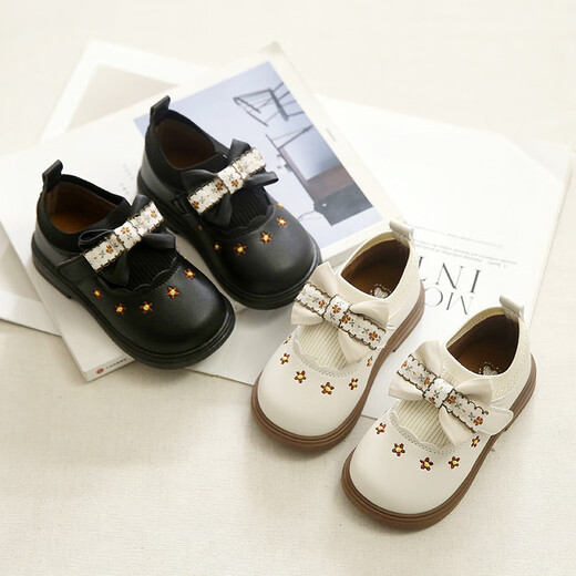 G.duck Little Yellow Duck Girls Leather Shoes Autumn New Baby Elastic Band Bow Single Shoes Soft Soled Princess Shoes Kindergarten Shoes Off-White 20 Inner Length 13cm