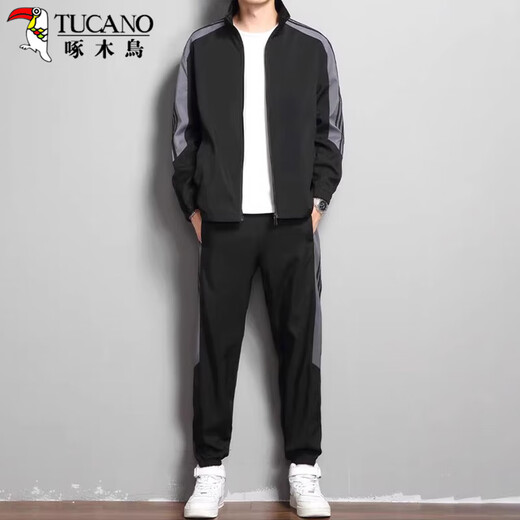 Woodpecker (TUCANO) jacket suit men's spring and autumn stand-up collar striped top casual versatile trousers two-piece men's black XL