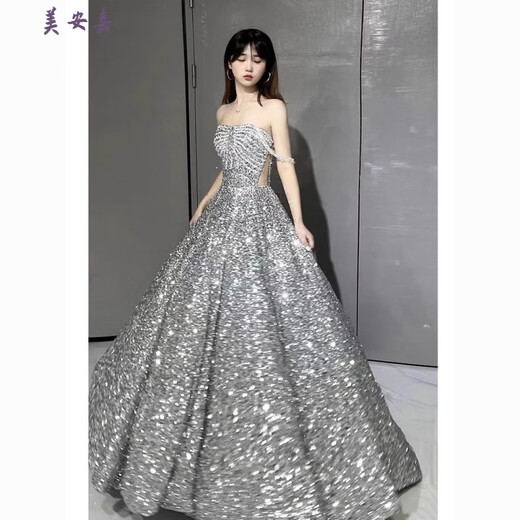 Mei'anjia Starry Sky Sequin Evening Dress Feeling Light Luxury Temperament Annual Meeting Host Engagement Wedding Wedding Toast Clothes Bride Silver Sequin S