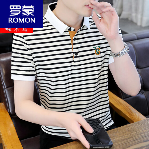 ROMON short-sleeved T-shirt for men's summer ice silk polo shirt striped embroidered lapel t-shirt breathable half-sleeved top 6626 gray M [80-100Jin [Jin equals 0.5 kg]]