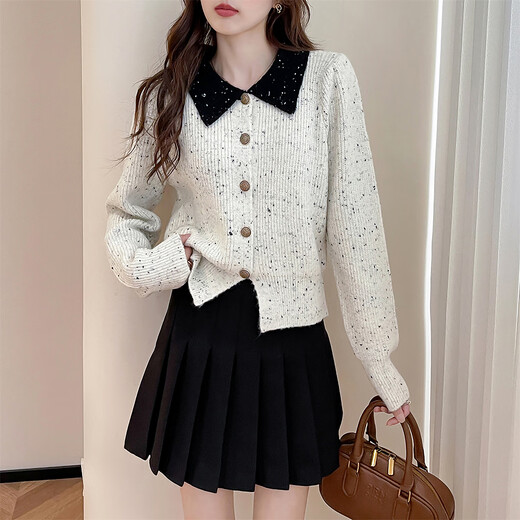 TonLion 2025 Autumn and Winter New Yarn Contrast Color Collar Design Women's Cardigan