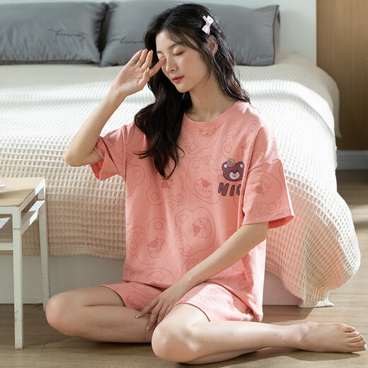 雅鹿睡衣女夏季小清新纯棉柔软韩版休闲短袖短裤甜美可外穿家居服套装 E-W6172 M