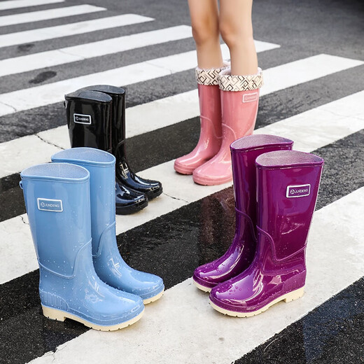 Frauen neue Mode hohe Röhre verdickte lange Röhrchen Anti-Rutsch-Wasserschuhe für Frauenküchenarbeit sowie samtige Warmregenstiefel [JD312 High Tube] Blue 37-38