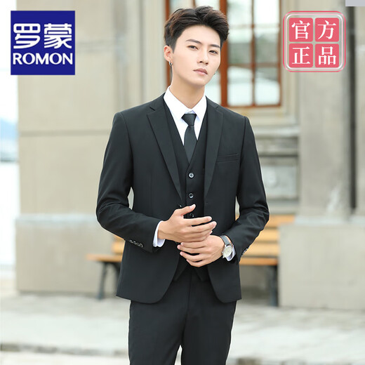 罗蒙（ROMON）西服套装男士韩版修身潮流小西装男商务休闲职业正装外套伴郎结婚 单件黑色双扣西服 (不送礼品) M