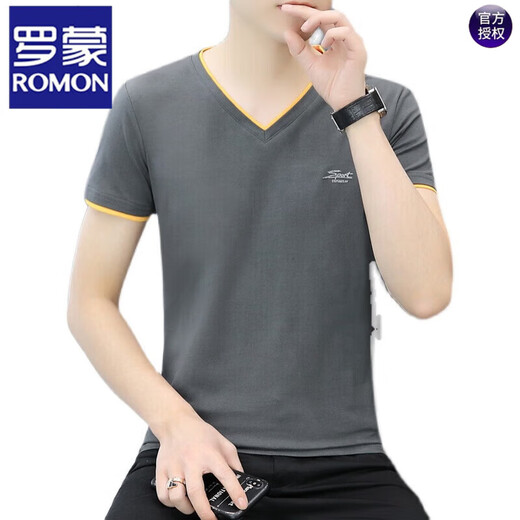 罗蒙（ROMON）青年棉v领半袖t恤男士夏季新款男士新款纯色鸡心领短袖t恤衫帅气 黑色 QY691 4XL 170-185斤