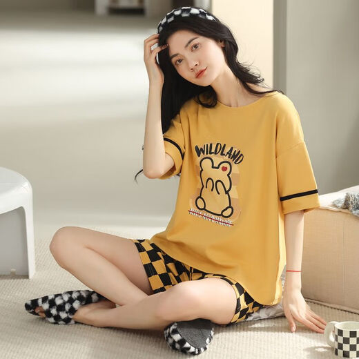 Hengyuanxiang 2025 new pajamas for women summer pure cotton short-sleeved two-piece set summer striped home clothes can be worn outside mom YZ9848 black striped M women's model recommended 80-100Jin Jin equals 0.5 kg