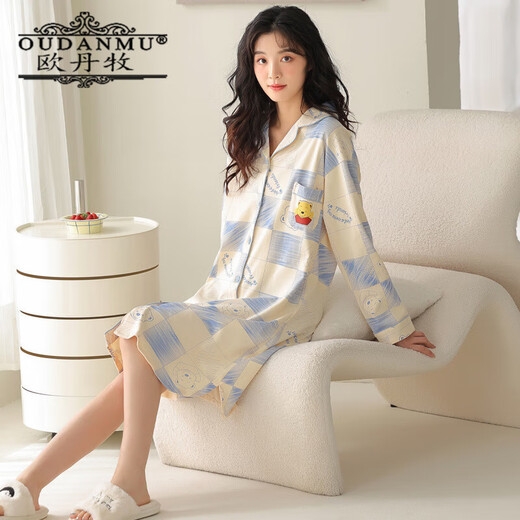 Odanmu camisón de manga larga para mujeres en primavera y otoño nuevo cárdigan de algodón puro lindo pijamas para mujeres en algodón estilo internet estilo de celebridades dulces jg9928 m