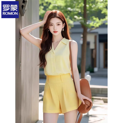 Romon High-End Little Dufts Sommeranzug für Frauen mit einem vollständigen Satz fähiger Temperament weiblicher Temperament weiblicher Dopamin C213# [Gelb zwei Teiler] m Vorschläge [100-110]