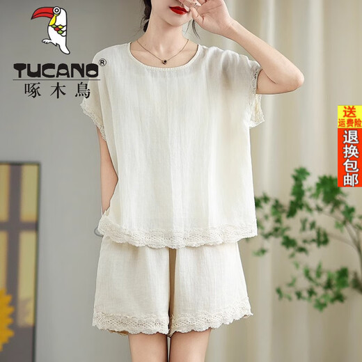 Woodpecker Official 2025 Coton d'été et bornes Un ensemble complet de matériaux de chanvre haut de gamme Set Shorts décontractés à manches courtes et à manches courtes Costume en deux pièces Suggestion: 80100jin [Jin est égal à 0,5 kg]