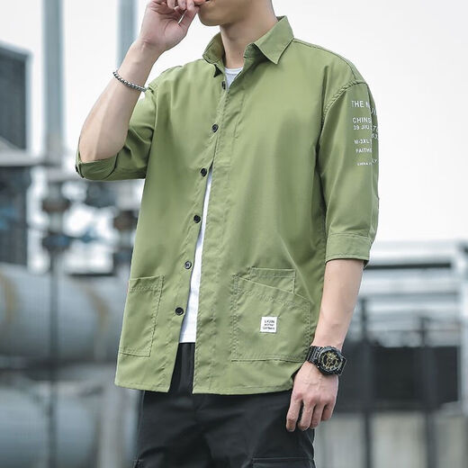 [Korean style workwear] Shirt men's seven-point long-sleeved loose trendy casual half-sleeved summer mid-sleeved top men 701 green 2XL