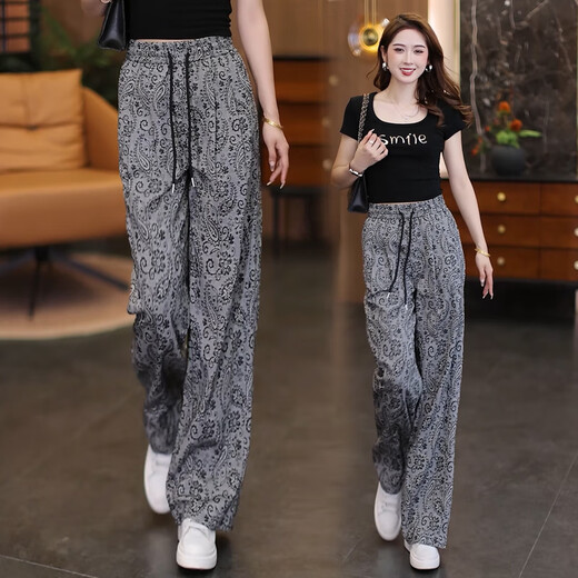忻依美提花阔腿裤子女款夏季薄款2025年新款高腰垂感休闲长裤宽松直筒裤 腰果花 2XL 30 建议125-135斤