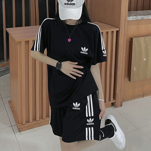 阿迪达斯（adidas）三叶草休闲刺绣运动套装短袖短裤套装T恤男女夏季圆领宽松两件套 【两件套】黑色 9889短套 L 90-105斤