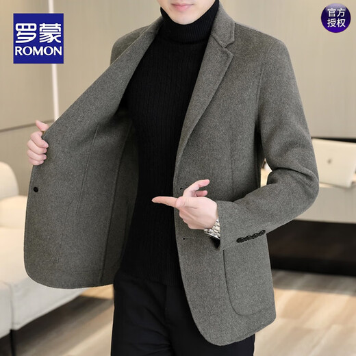 罗蒙（ROMON）羊毛西服男士秋冬休闲双面呢保暖外套男青年时尚西装呢子大衣男装 灰色【羊毛双面呢】 M 适合95-120斤