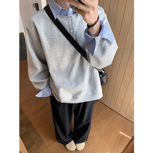 Pugesi (PUGESI) fake two-piece lapel long-sleeved shirt for men in autumn versatile layered henley shirt casual jacket gray M