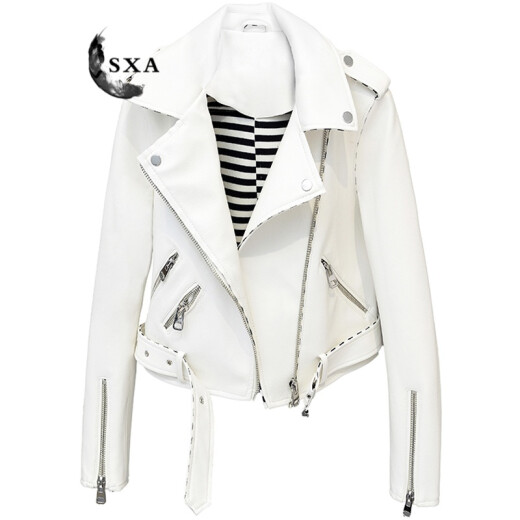 sxa Hong Kong trendy brand long-sleeved leather jacket for women 2021 spring and autumn new short motorcycle jacket women's small leather jacket temperament lapel versatile slim leather jacket trendy white M