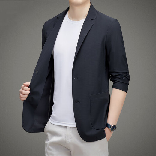 EQJ高档品牌冰丝高弹男士外套夏季新款纯色休闲轻薄款防晒西服 藏青 XL 适合150-170斤