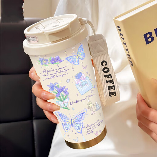 Lock Lock (Lock/Lock) Simple Butterfly Thermos Copa de acero inoxidable Portable Doble Coffee Coffee Copa 2025 nueva taza de agua de paja para mujeres BW1048 Azul mariposa + con cordón