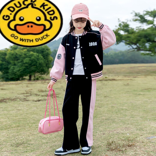 G.DUCKKIDS女童棒球服套装春季2025新款学院风中大儿童洋气春秋运动装两件套 BQ1396黑色两件套 150 尺码建议身高140左右