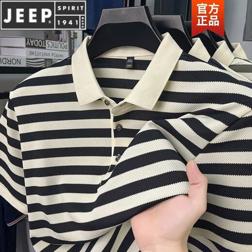 Jeep Spirit kurzärmeliges T-Shirt für Männer 2025 Neu gestreiftes Revers Casual halbärmelte Sommer lose dünne Männer kurzärärmig Polo L9906 Green M 165 Empfohlen 90-120jin [Jin entspricht 0,5 kg]