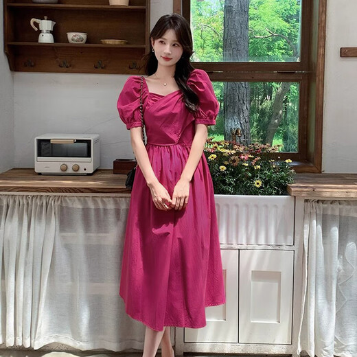Französisch Retro rosa Kleid für Frauen 2025 Sommer-Puffhülle Taille-Hugging Princess Long Rock D1396 Rose Red XL [120-130jin [Jin entspricht 0,5 kg]]