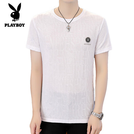 花花公子（PLAYBOY）冰轻奢|丝短袖t恤男夏季桑蚕丝薄款体恤衫潮流舒适百搭半袖上衣服 白色 K829 M 165 【适合100-120斤】