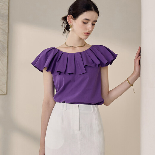 Roeyshouse Rove Elegant Ruffen runder Nacken Sommer kurzärmeliges Frauen Top 2025 Neues reines Baumwollhemd 12141 Lila L.