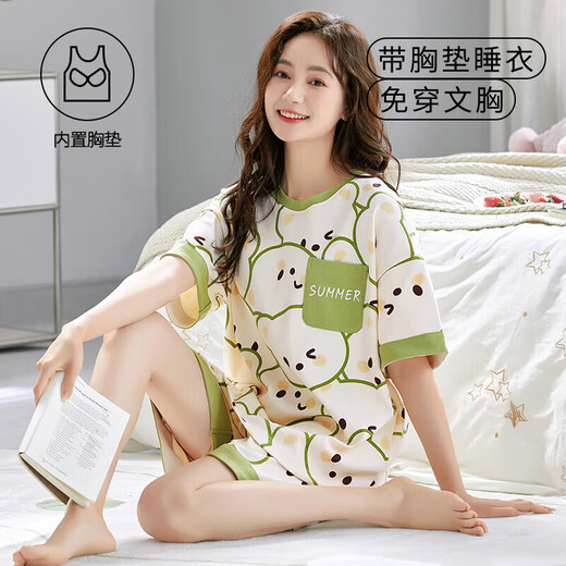 都市丽人夏季短袖睡衣套装女士自带胸垫一体家居服春秋大码薄款夏天可外穿 gxt1047 M 码建议75-95斤