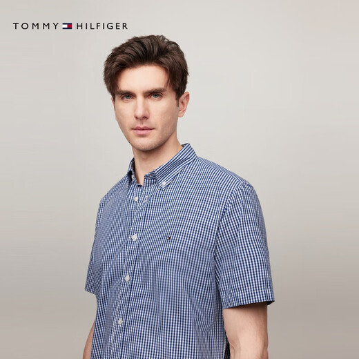 TOMMY HILFIGER【透气府绸】夏季男纯棉商务休闲格子短袖衬衣衬衫男外套35440 蓝白格纹C5J M （推荐：135-150斤）