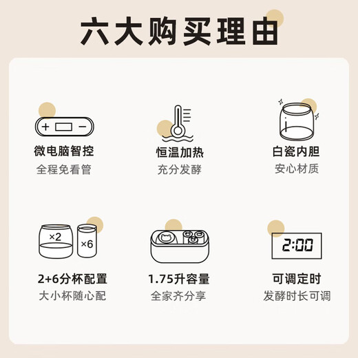
Bear Yogurt Machine, fully automatic mini timed homemade natto rice wine machine, kimchi machine, 2+6 ceramic sub-cup microcomputer intelligent constant temperature small fermentation machine, upgraded 2+6 ceramic inner liner, SNJ-C10P2