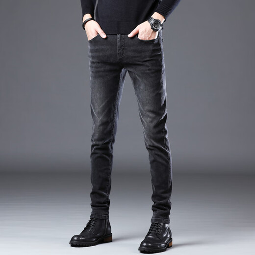 Jinba Herren-Kleidung (K-Boxing) 2025 Sommer Dünne Schwarze Jeans Männer schlanker kleiner Fuß koreanischer Stil High-End-Stretch Casual High-End-Hosen QQN-1048-Black 28