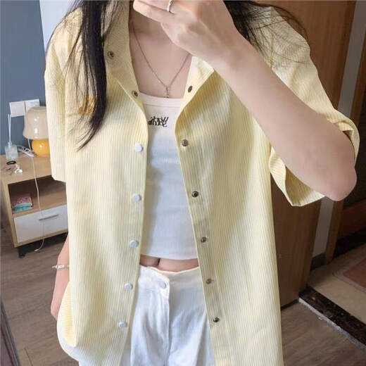 2025 Neues Korean gelb gestreiftes Hemdjacke für Frauen Sommer faule Hemd kurzärmelig Top T-Shirt Yellow M Empfohlen 95-105jin [Jin gleich 0,5 kg]