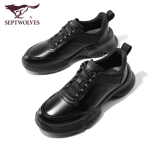 Sieben Wölfe Herrenschuhe Herbst und Winter Neue echte Leder-Freizeitschuhe für Männer mit dicker Sporterschuhen Schicht Schicht Cowhide Weiche und vielseitige Laufschuhe Schwarz 9793 39