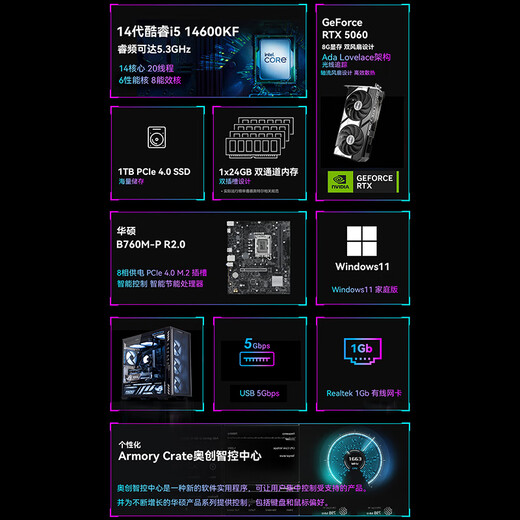 Shengqi & ASUS Chaiying i5 14600KF/RTX5060/24G D5/1T Delta gaming computer host assembly computer desktop computer complete machine
