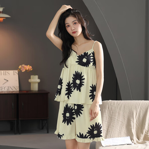 Langsha Cool Pyjama Frauen Sommer -Hosentender -Shorts Anzug sexy Brustpolstereis und Seiden Hauskleidung Anzug Spring und Herbst 50m9902 mit Brustpolster m