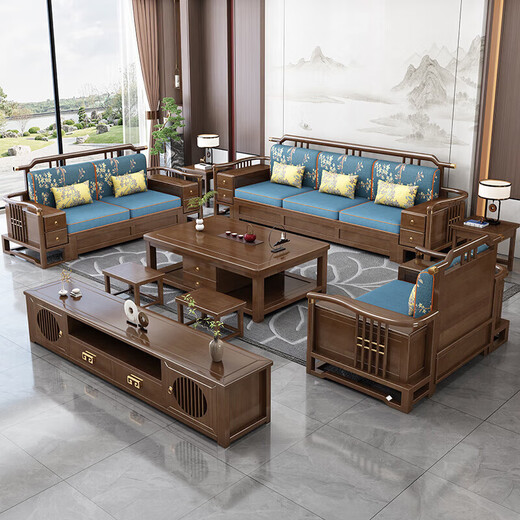 Wenting Yayuan Solid Wood Sofa Living Room New Chinese-style Storage Guifei Fabric Combination Light Luxury Small Apartment Furniture 9906 [Combination] 1+2+3 [Storage] Cotton and linen cover